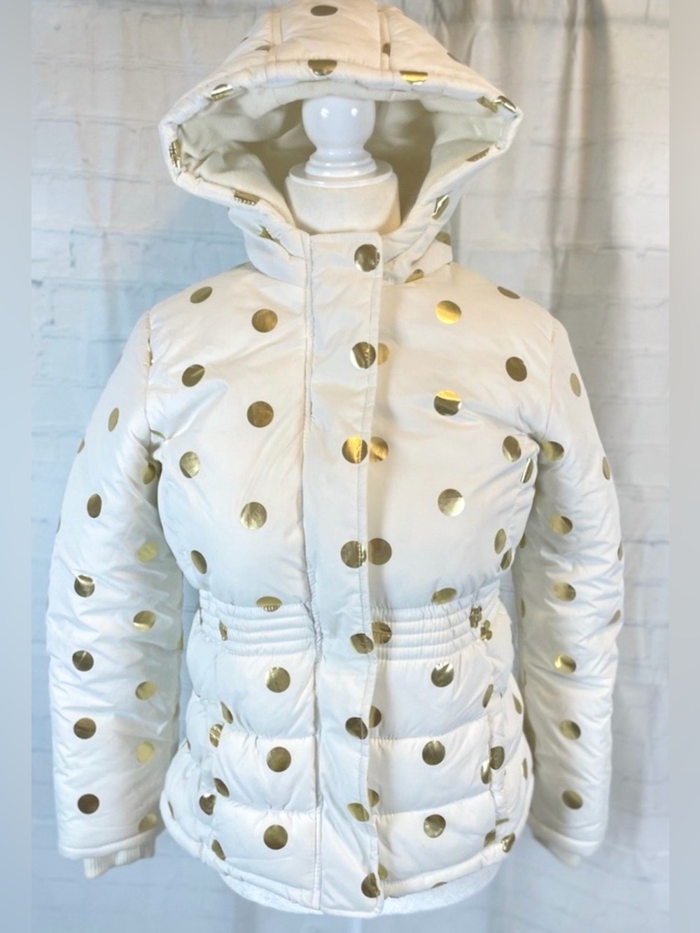 Crazy 8 White Gold Polka Dot Puffer Hooded Winter Coat Jacket Girls Size‎ 14